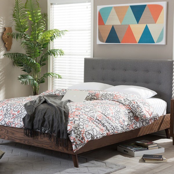 Carson Carrington Harjavalta Mid-century Grey Upholstered Walnut Wood Platform Bed. Opens flyout.