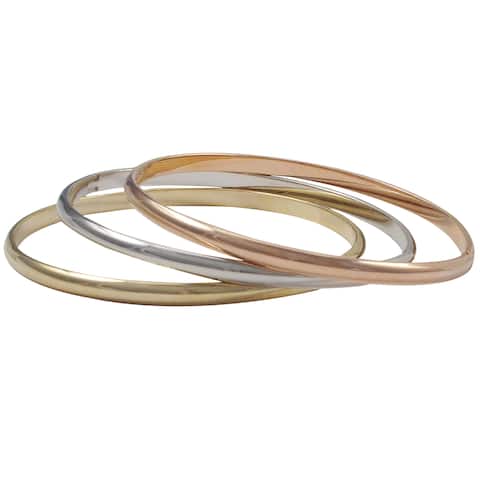 Luxiro Tri-color Gold Rose Gold and Rhodium Finish Bangle Bracelet Set - Silver