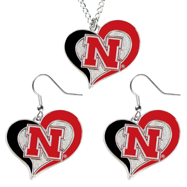 NCAA Charm Gift Nebraska Cornhuskers Swirl Heart Dangle Earring and Necklace Set