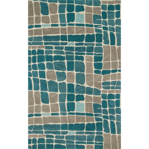 Hand-tufted Modern Teal/ Grey Abstract Wool Area Rug - 5' x 7'6