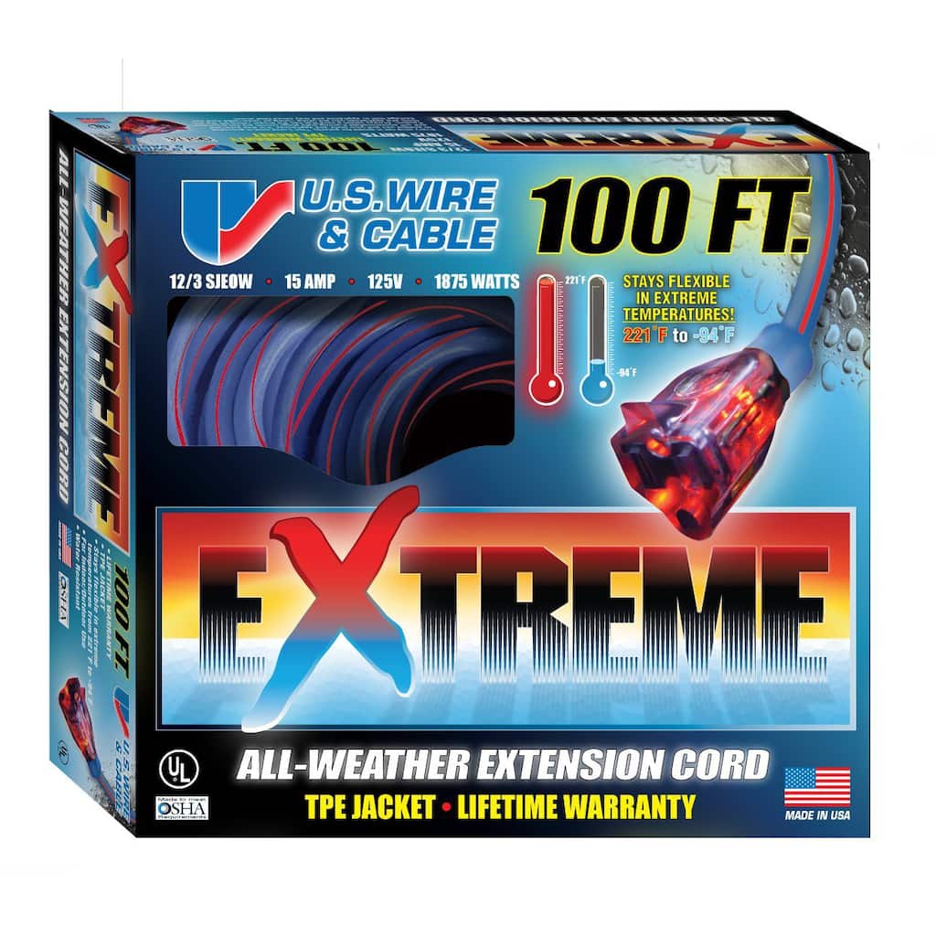 US Wire 99100 12/3 100-Foot SJEOW TPE Extreme Weather Extension Cord with Lighted Plug (Blue)