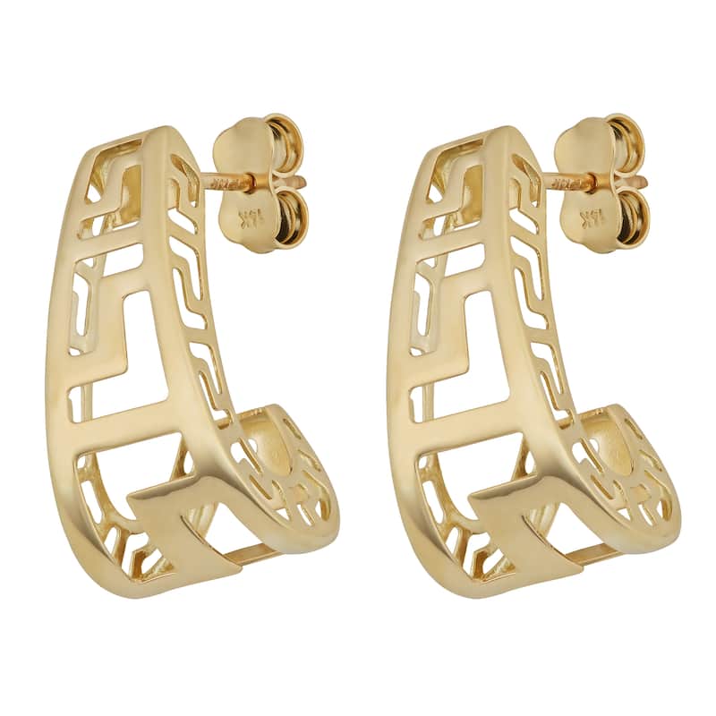 Fremada 14k Yellow Gold Greek Key J-hoop Post Earrings