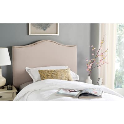 SAFAVIEH Jeneve Taupe Linen Upholstered Headboard - Brass Nailhead (Twin)