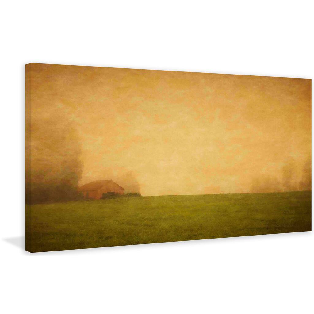 Marmont Hill - Red Barn in the Fog Painting Print on Canvas - Multi-Color