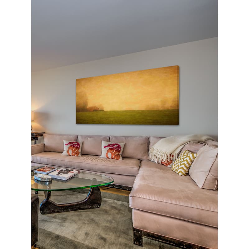 Marmont Hill - Red Barn in the Fog Painting Print on Canvas - Multi-Color