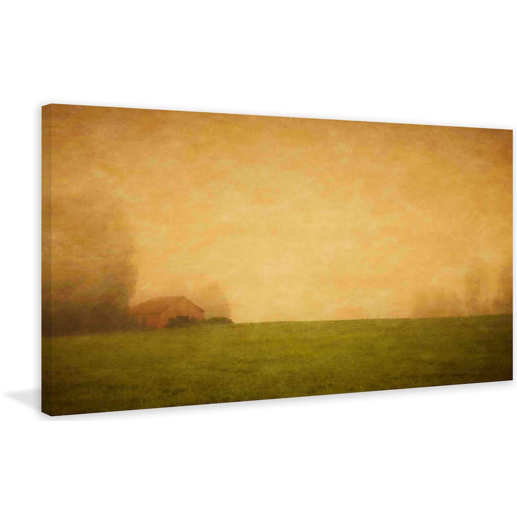Marmont Hill - Red Barn in the Fog Painting Print on Canvas - Multi-Color