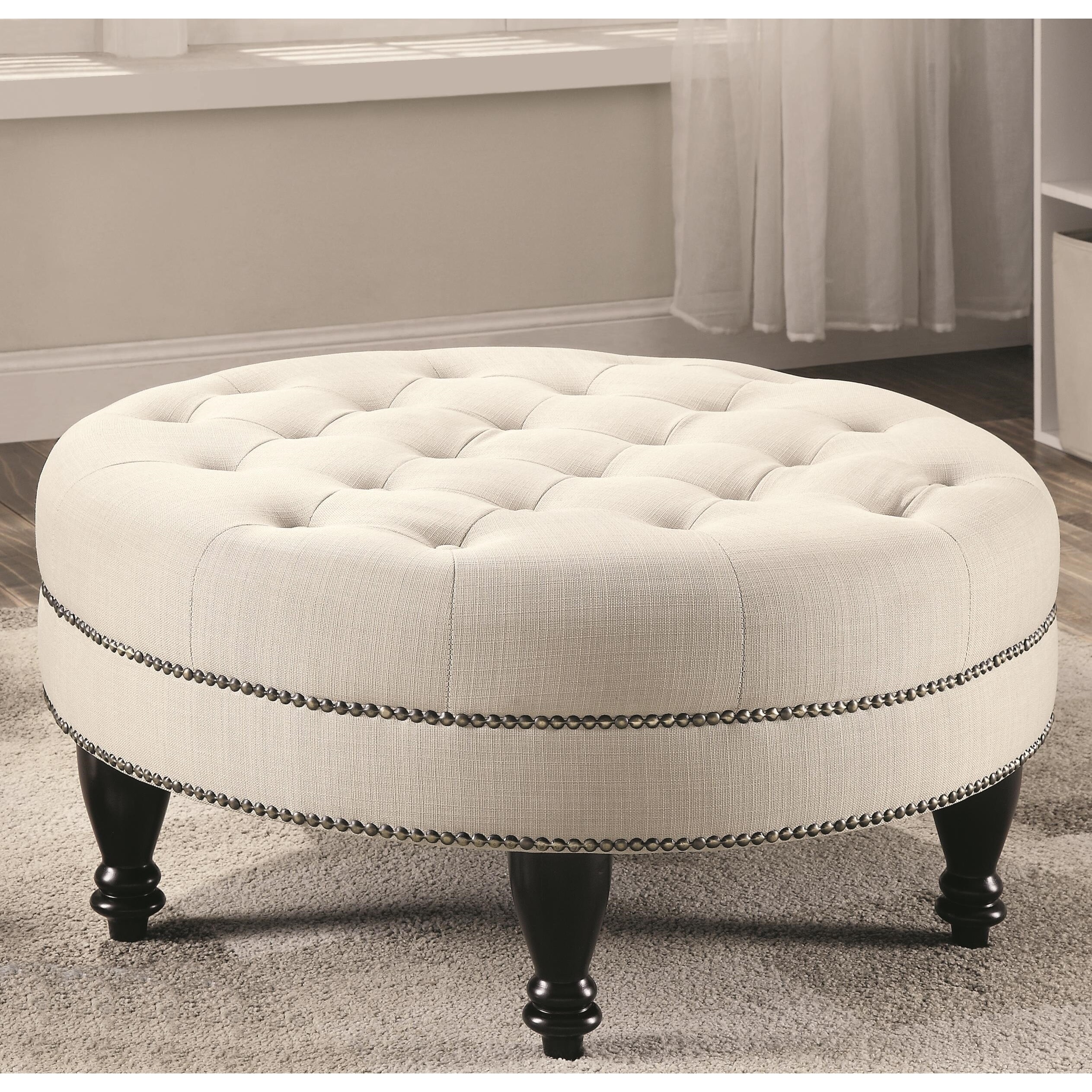 Fortune Round ButtonTufted Ottoman with Nailhead Trim Beige Medium eBay