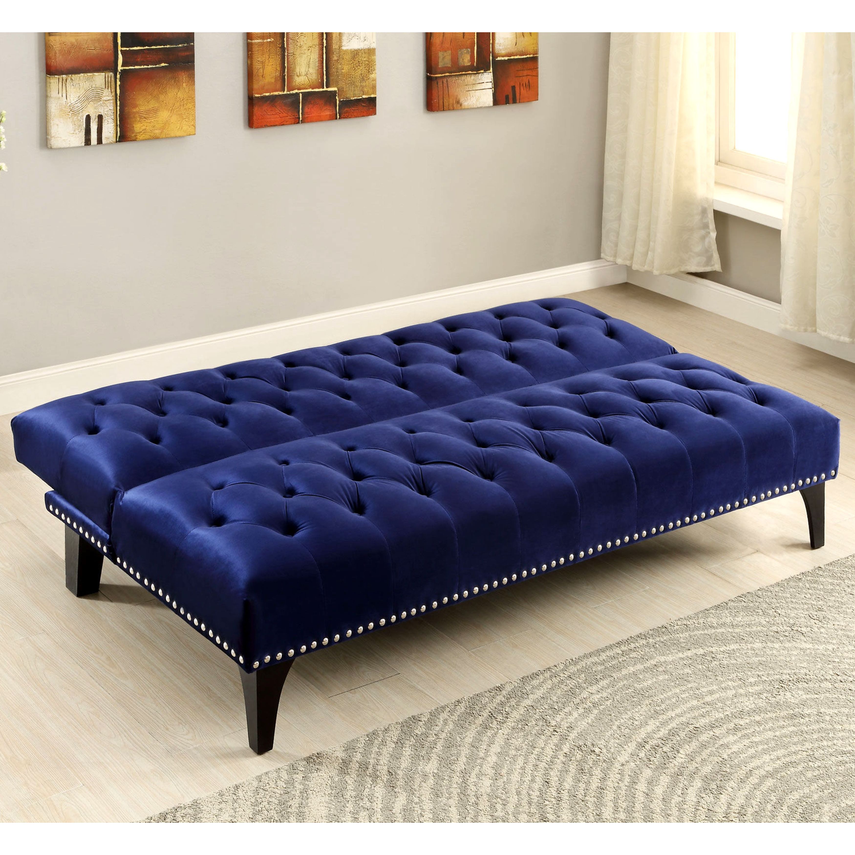 Xnron On Tufted Royal Blue Velvet Sofa Bed Lounger With Nailhead Trim