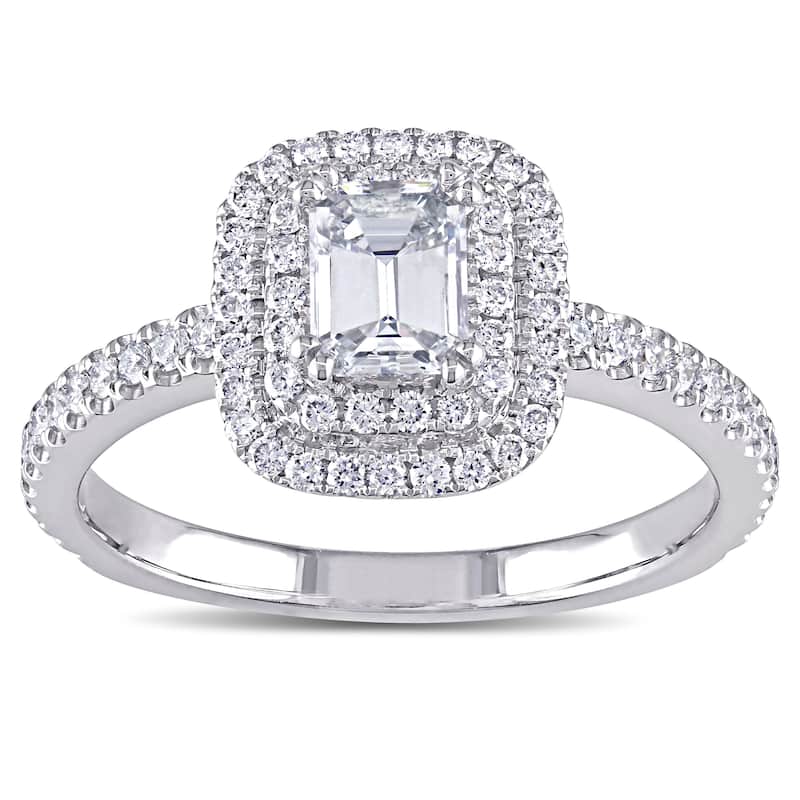 Miadora Signature Collection 14k White Gold 1ct TDW Emerald-cut Diamond Double Halo Engagement Ring (G-H, VS1-VS2)