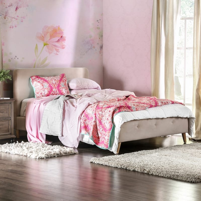 Furniture of America Celene Mid-century Modern Queen Fabric Platform Bed - Beige