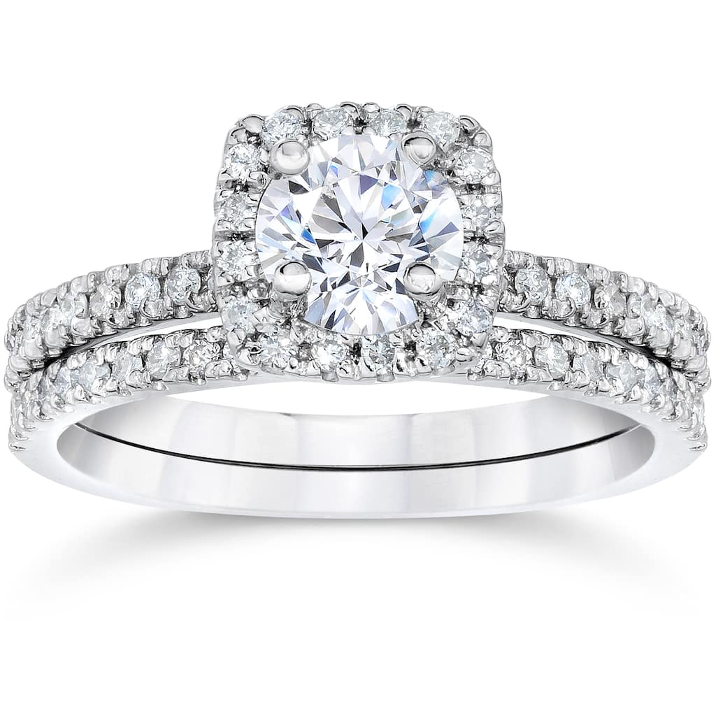 10k White Gold 5/8ct TDW Engagement Cushion Halo Wedding Ring Set