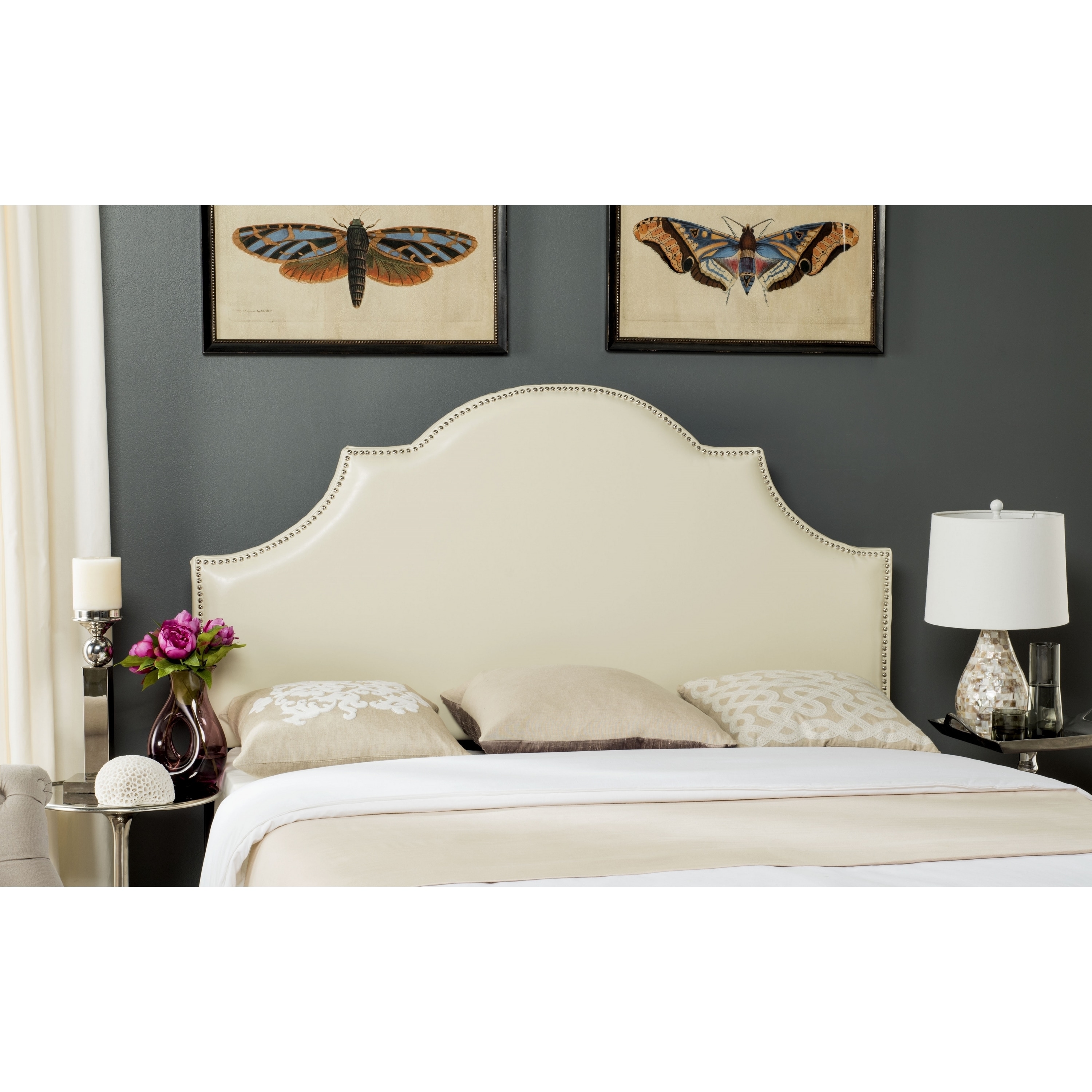 Safavieh Hallmar Off White Leather Upholstered Arched Headboard Silver Nailhead Full Safavieh Hallmar Off White Leather Upholstered Arched Headboard Silver Nailhead Full