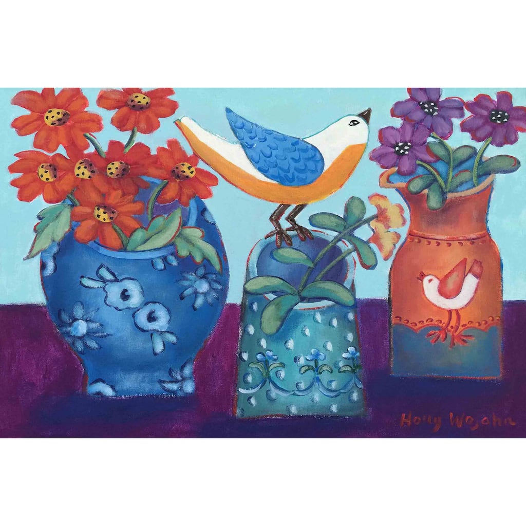 Marmont Hill - Blue and Orange Vases with Chirp Painting Print on Canvas - Multi-Color