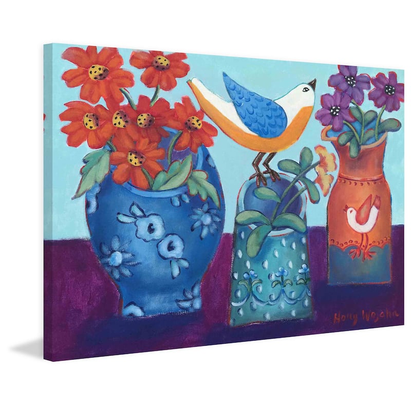 Marmont Hill - Blue and Orange Vases with Chirp Painting Print on Canvas - Multi-Color