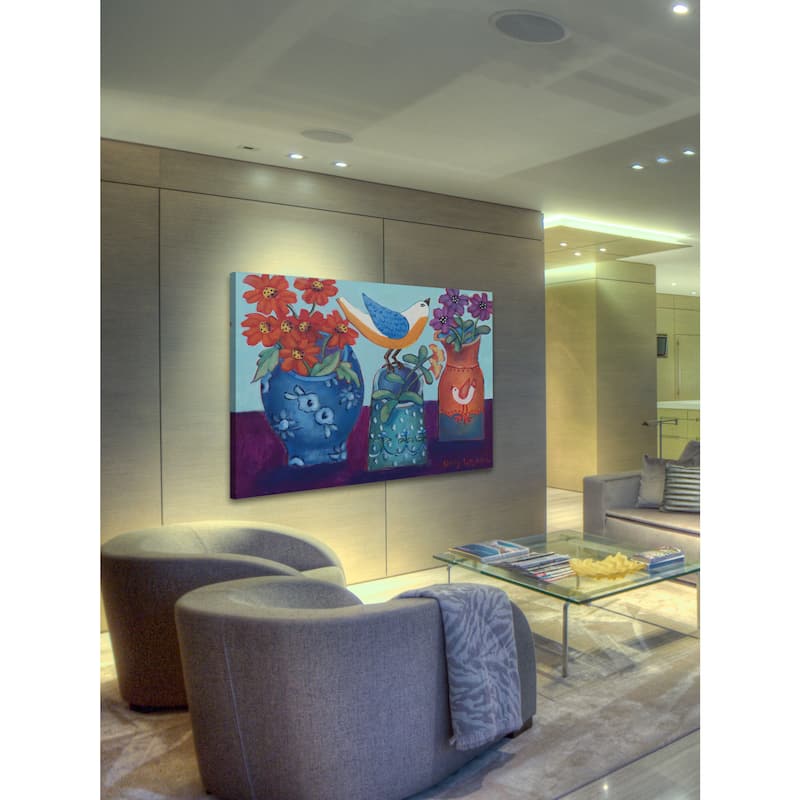 Marmont Hill - Blue and Orange Vases with Chirp Painting Print on Canvas - Multi-Color