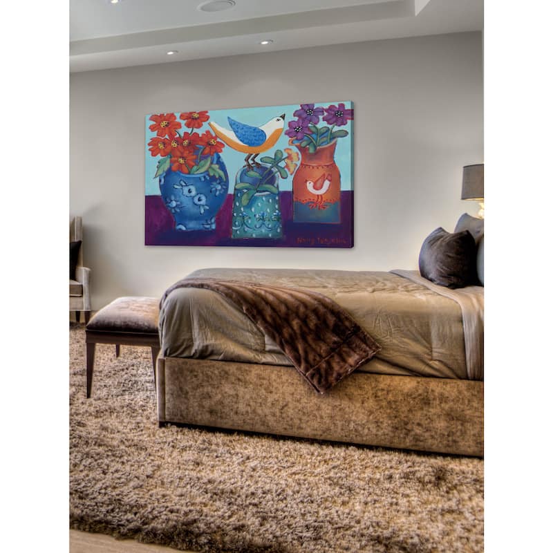 Marmont Hill - Blue and Orange Vases with Chirp Painting Print on Canvas - Multi-Color