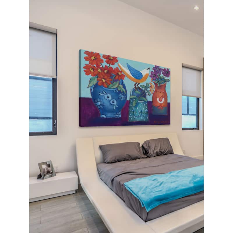Marmont Hill - Blue and Orange Vases with Chirp Painting Print on Canvas - Multi-Color