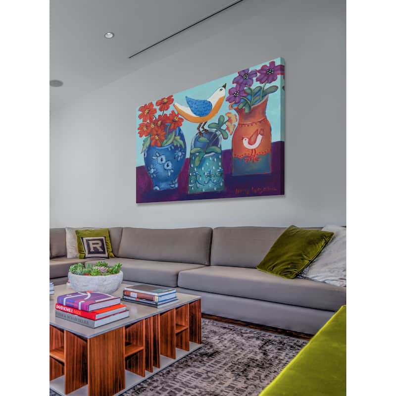 Marmont Hill - Blue and Orange Vases with Chirp Painting Print on Canvas - Multi-Color