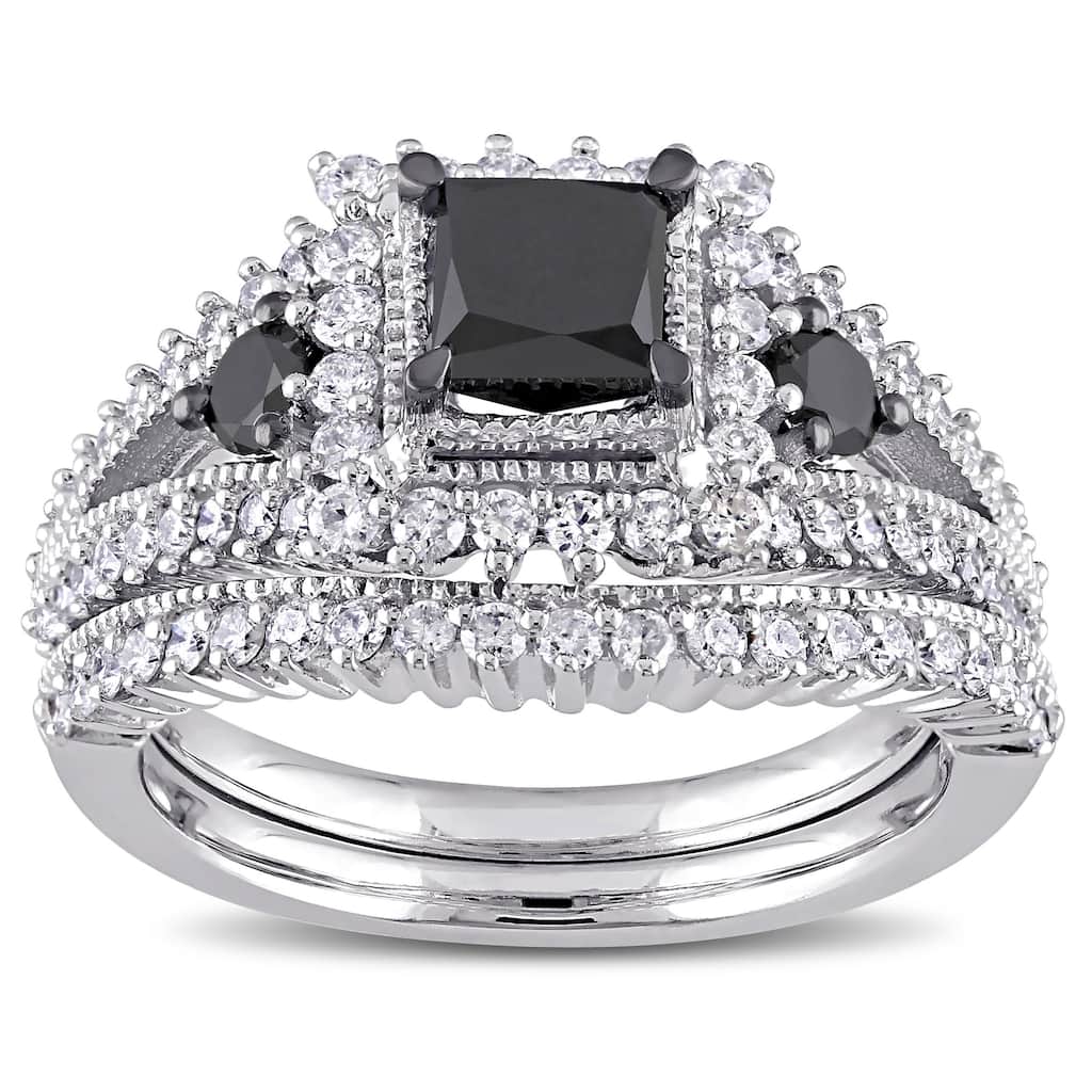 Miadora 10k White Gold 2ct TDW Black and White Diamond 3-stone Bridal Set