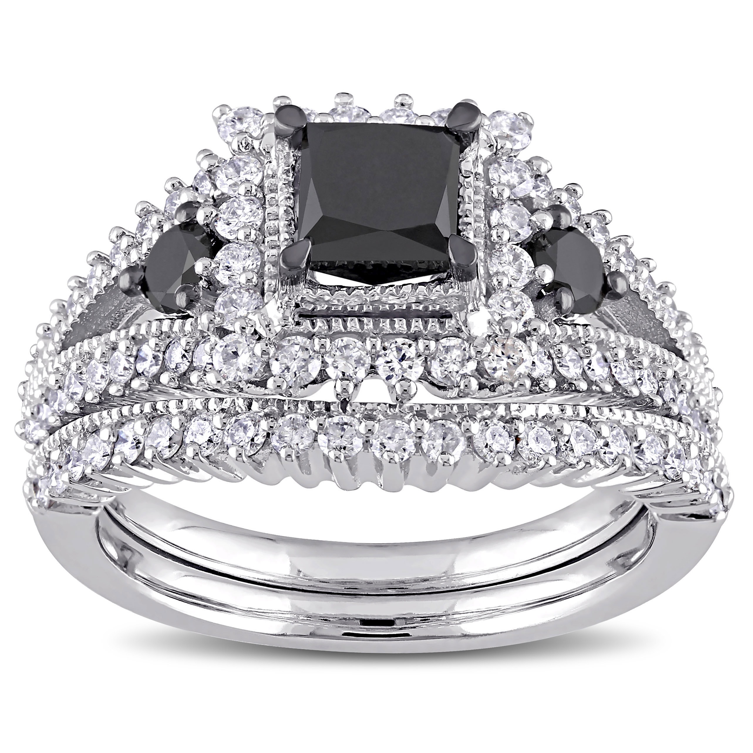 Miadora 10k White Gold 2ct TDW Black and White Diamond 3-stone Bridal Set