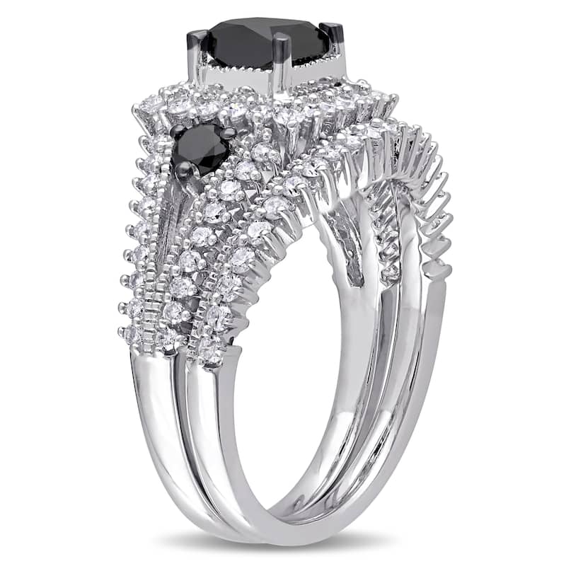 Miadora 10k White Gold 2ct TDW Black and White Diamond 3-stone Bridal Set