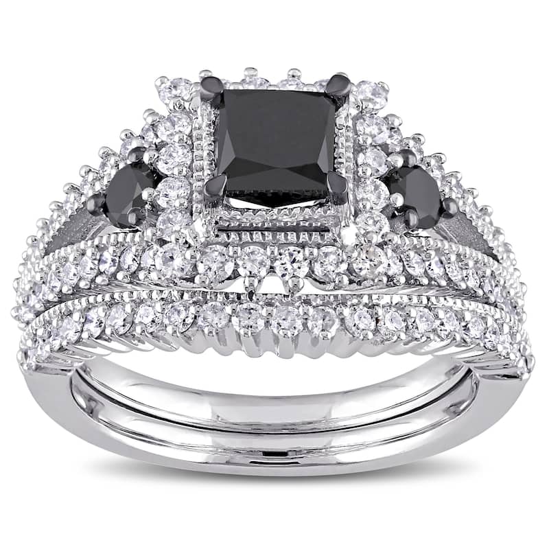 Miadora 10k White Gold 2ct TDW Black and White Diamond 3-stone Bridal Set - 4.5
