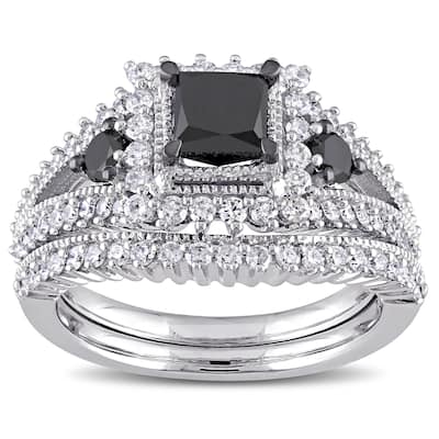Miadora 10k White Gold 2ct TDW Black and White Diamond 3-stone Bridal Set
