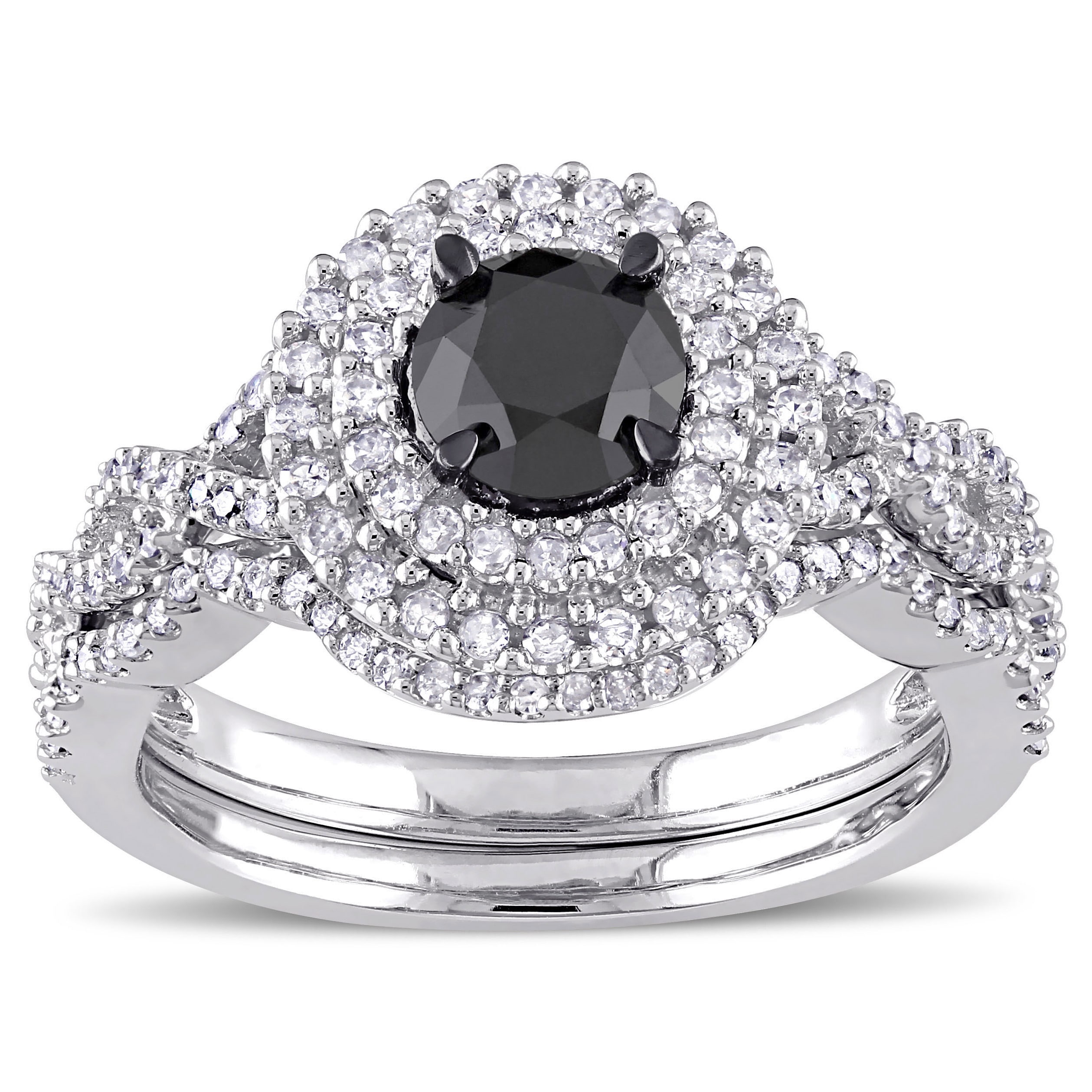 Miadora Signature Collection 10k White Gold 1 1/2ct TDW Black and White Diamond Double Halo Bridal R