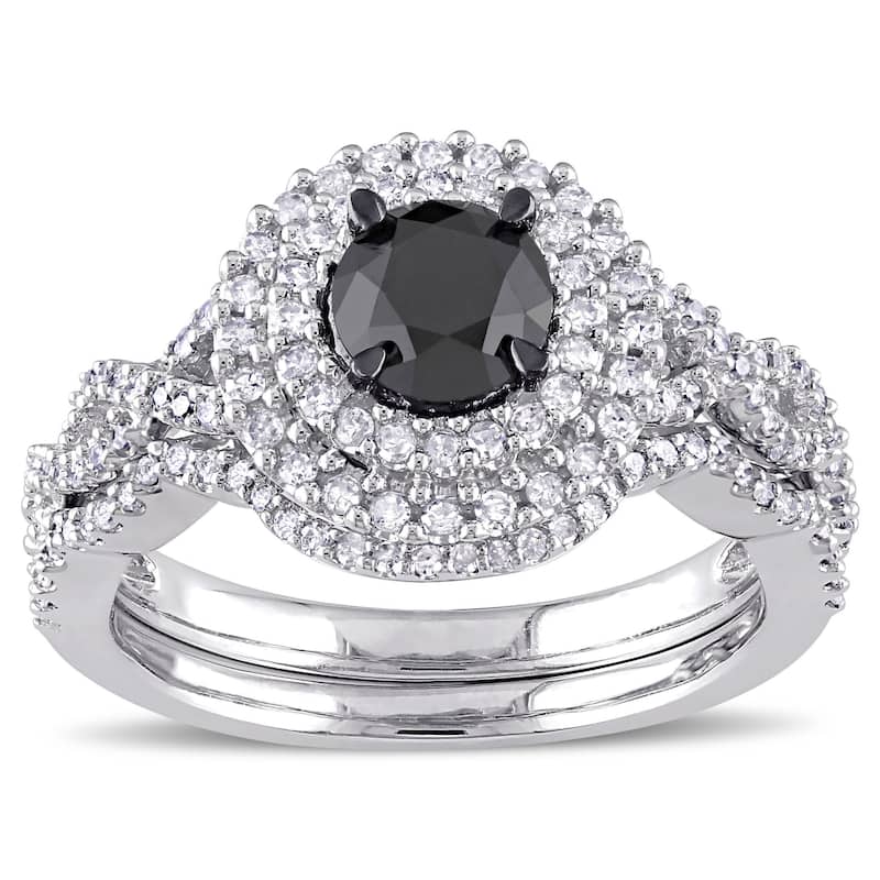 Miadora Signature Collection 10k White Gold 1 1/2ct TDW Black and White Diamond Double Halo Bridal R - 4