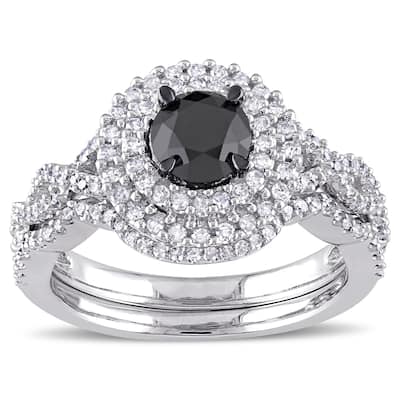 Miadora Signature Collection 10k White Gold 1 1/2ct TDW Black and White Diamond Double Halo Bridal R
