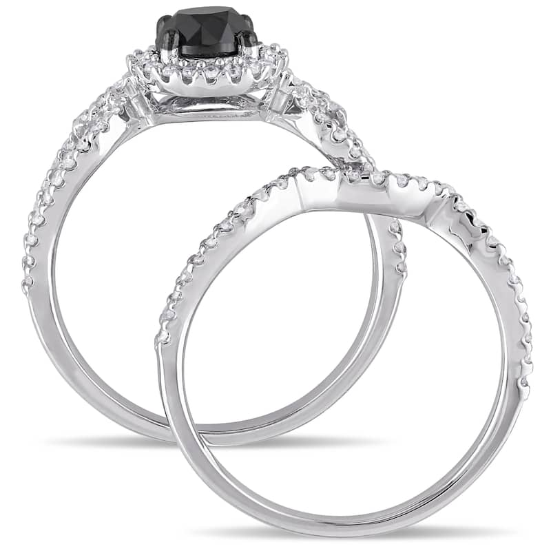 Miadora 10k White Gold 1 1/2ct TDW Black and White Diamond Halo Bridal Ring Set