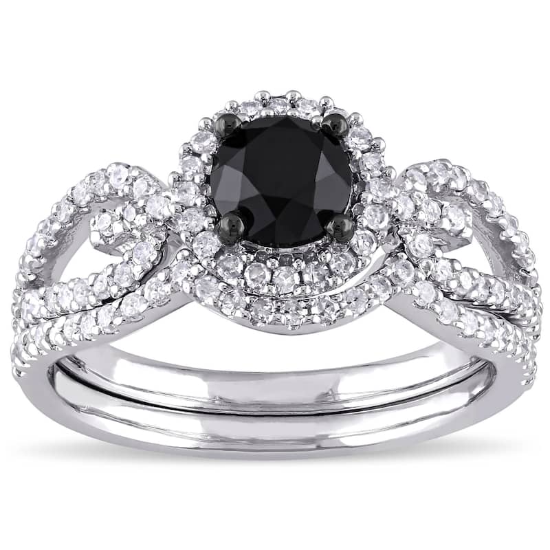 Miadora 10k White Gold 1 1/2ct TDW Black and White Diamond Halo Bridal Ring Set - 5.5
