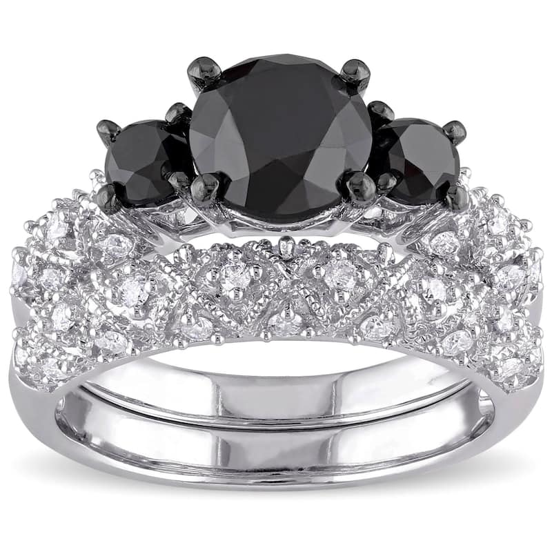 Miadora Signature Collection 10k White Gold 3ct TDW Black and White Diamond 3-stone Bridal Ring Set