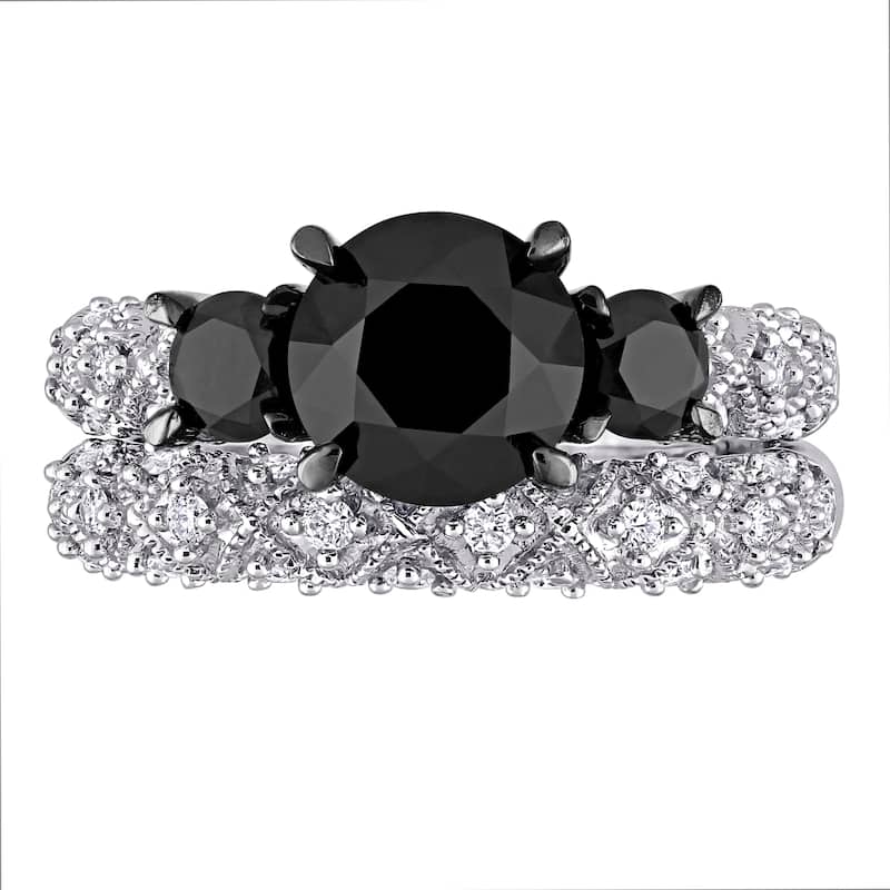 Miadora Signature Collection 10k White Gold 3ct TDW Black and White Diamond 3-stone Bridal Ring Set