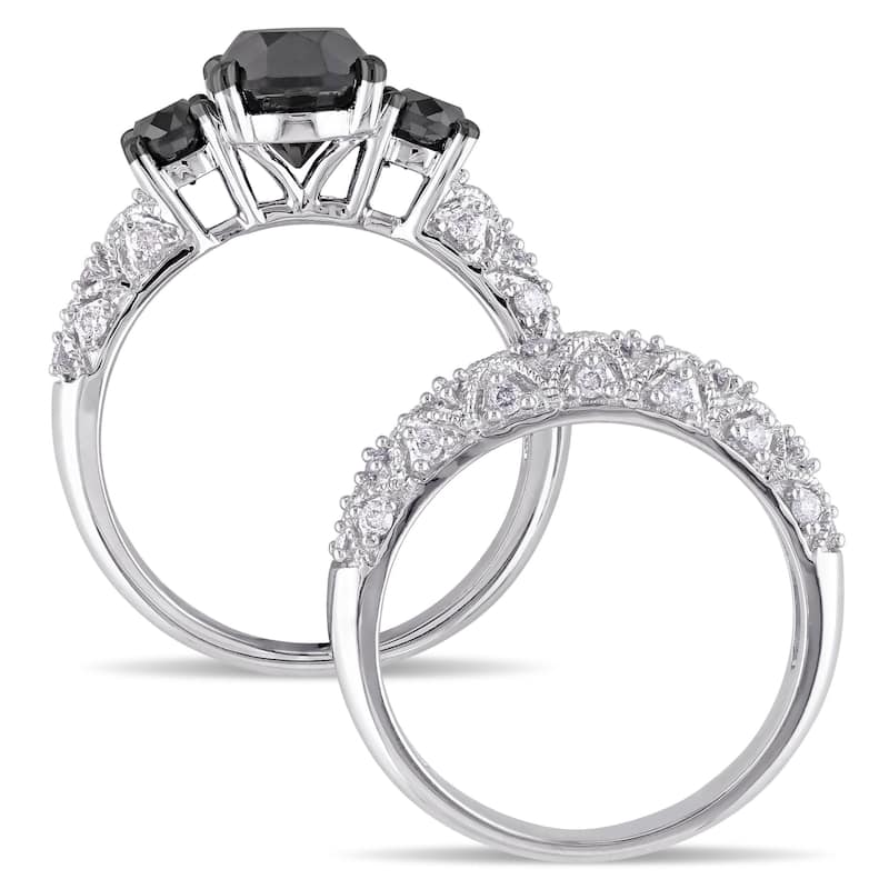 Miadora Signature Collection 10k White Gold 3ct TDW Black and White Diamond 3-stone Bridal Ring Set