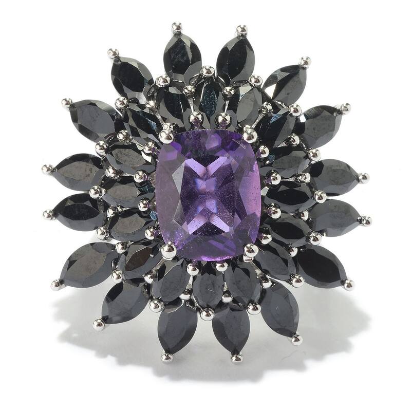 Sterling Silver Amethyst and Black Spinel Flower Ring