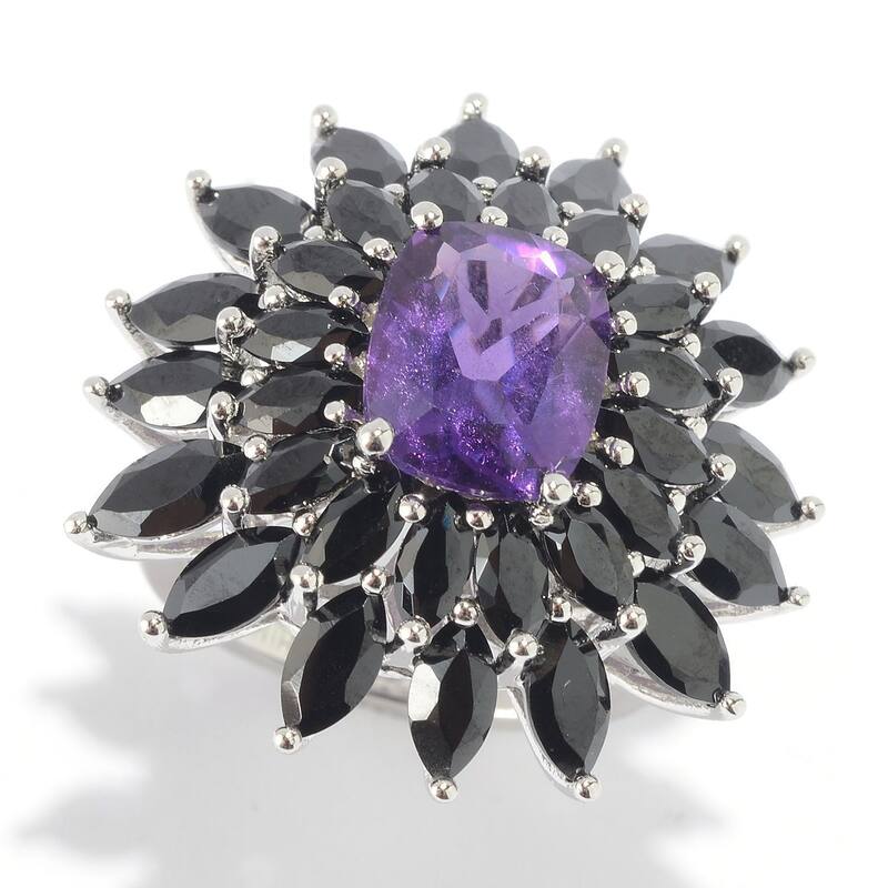 Sterling Silver Amethyst and Black Spinel Flower Ring