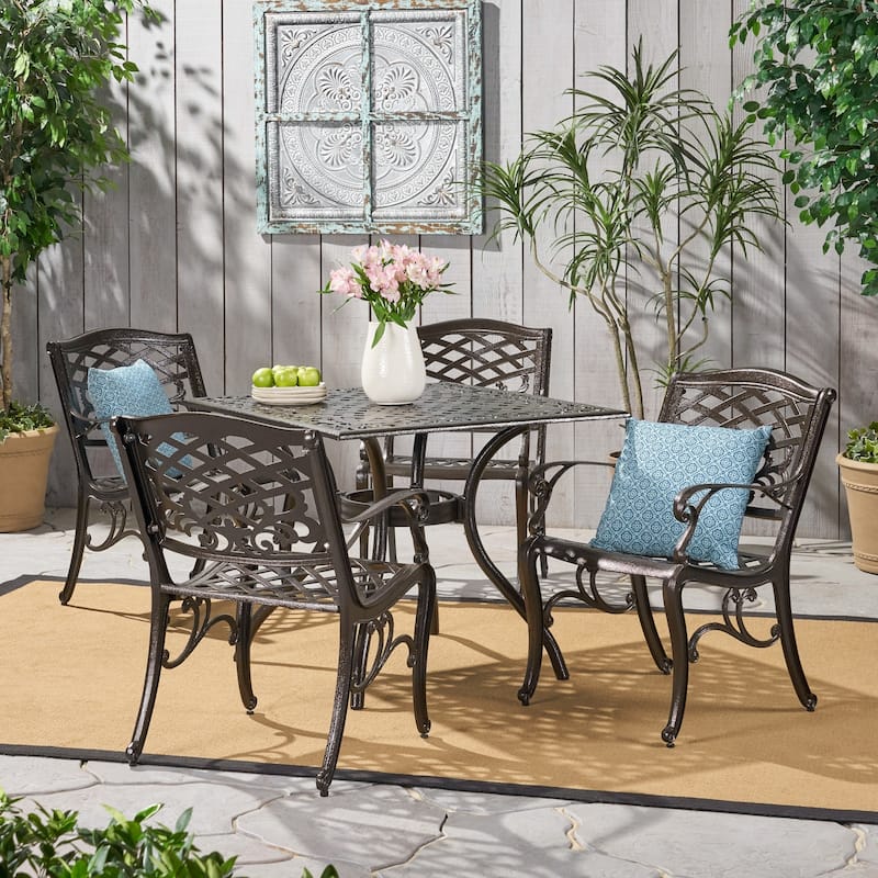 Outdoor Hallandale 5piece Cast Aluminum Square Bronze Dining Set by