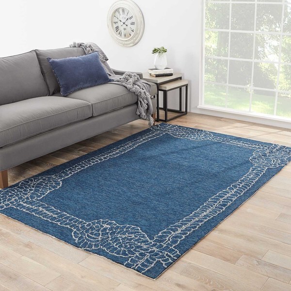 Pier Indoor Outdoor Bordered Blue Gray Area Rug 5 X