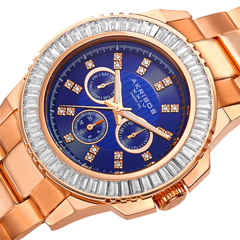 Akribos XXIV Men's Diamond Stainless Steel Rose-Tone Bracelet Watch - Blue