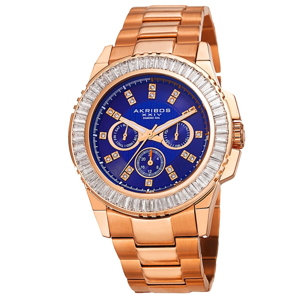 Akribos XXIV Men's Diamond Stainless Steel Rose-Tone Bracelet Watch - Blue