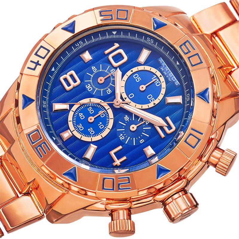Akribos XXIV Men's Quartz Chronograph Etched-Pattern Dial Rose-Tone Strap Watch - Blue