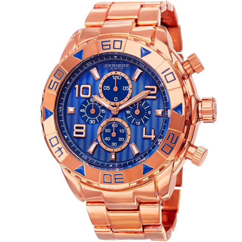 Akribos XXIV Men's Quartz Chronograph Etched-Pattern Dial Rose-Tone Strap Watch - Blue