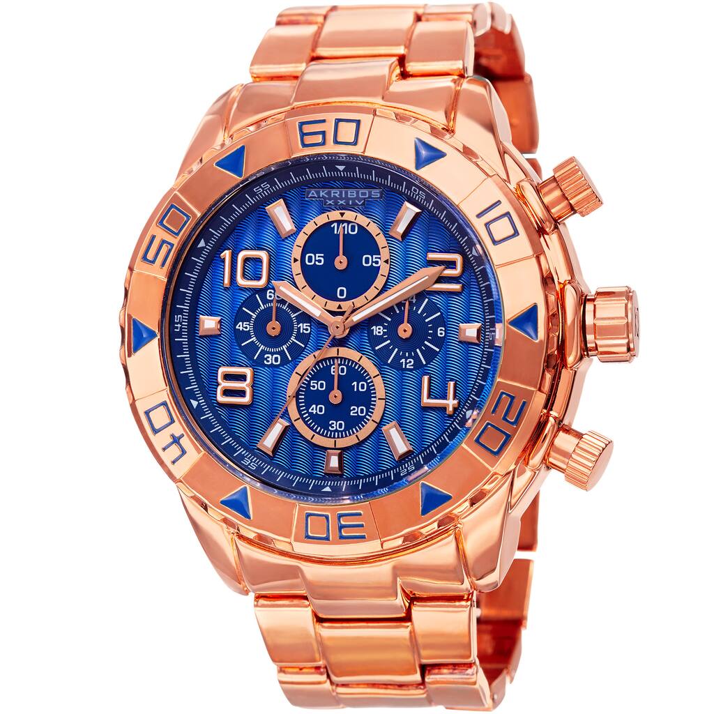 Akribos XXIV Men's Quartz Chronograph Etched-Pattern Dial Rose-Tone Strap Watch - Blue