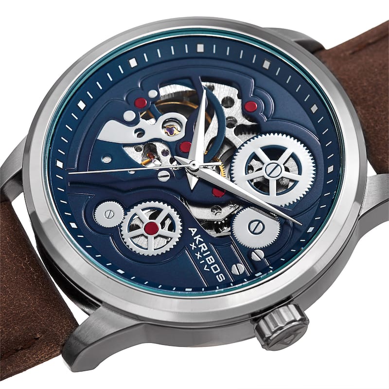 Akribos XXIV Men's Skeleton Automatic Movement Leather Silver-Tone Strap Watch - brown