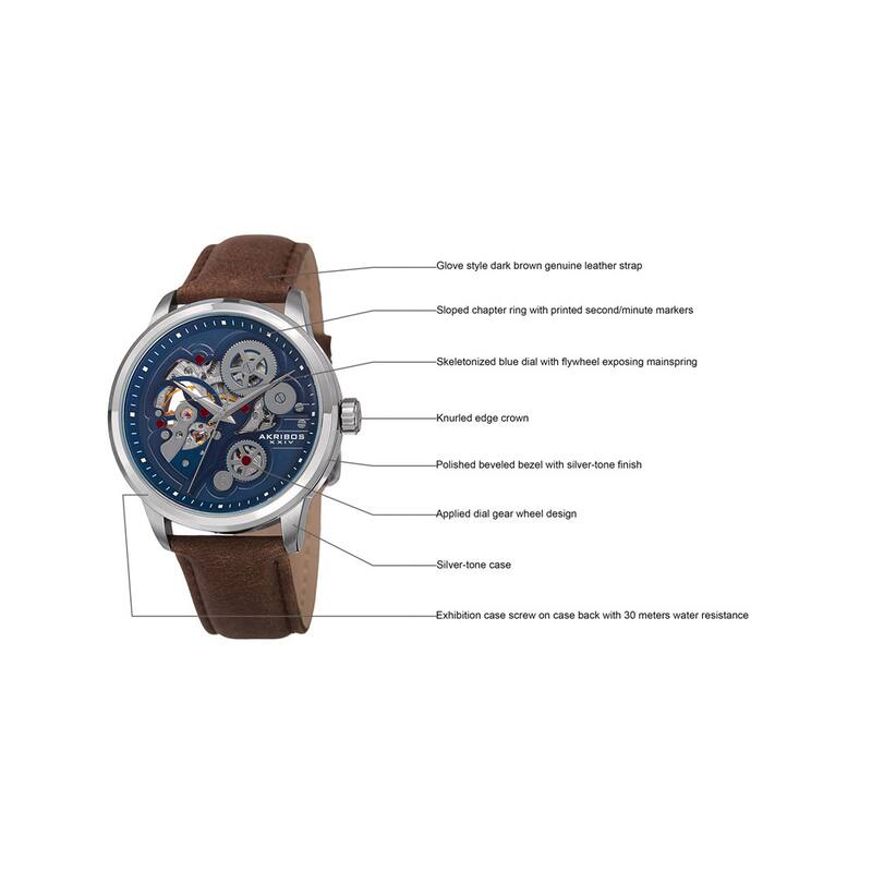 Akribos XXIV Men's Skeleton Automatic Movement Leather Silver-Tone Strap Watch - brown