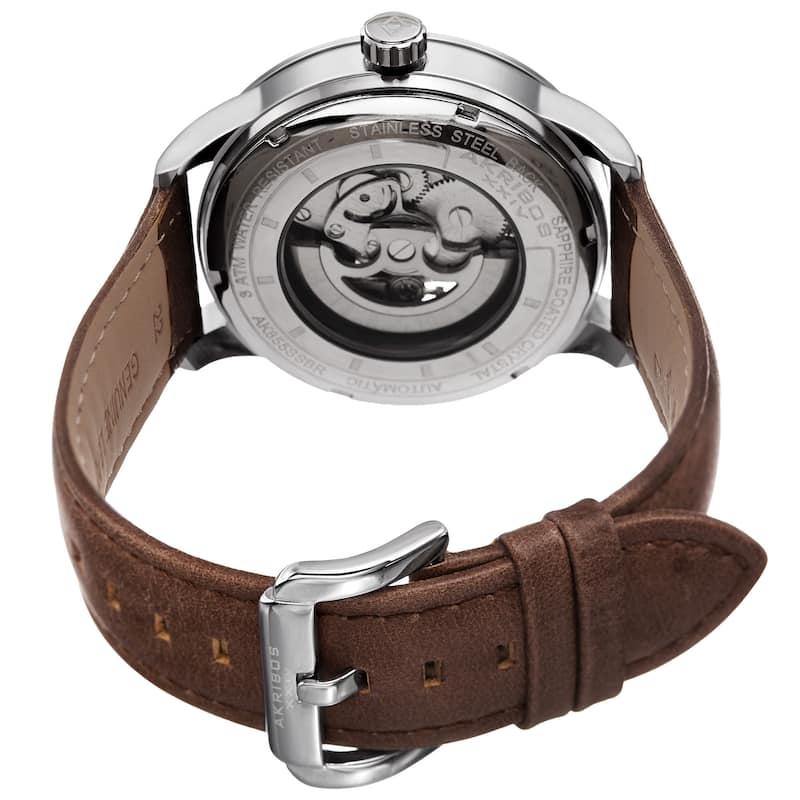 Akribos XXIV Men's Skeleton Automatic Movement Leather Silver-Tone Strap Watch - brown