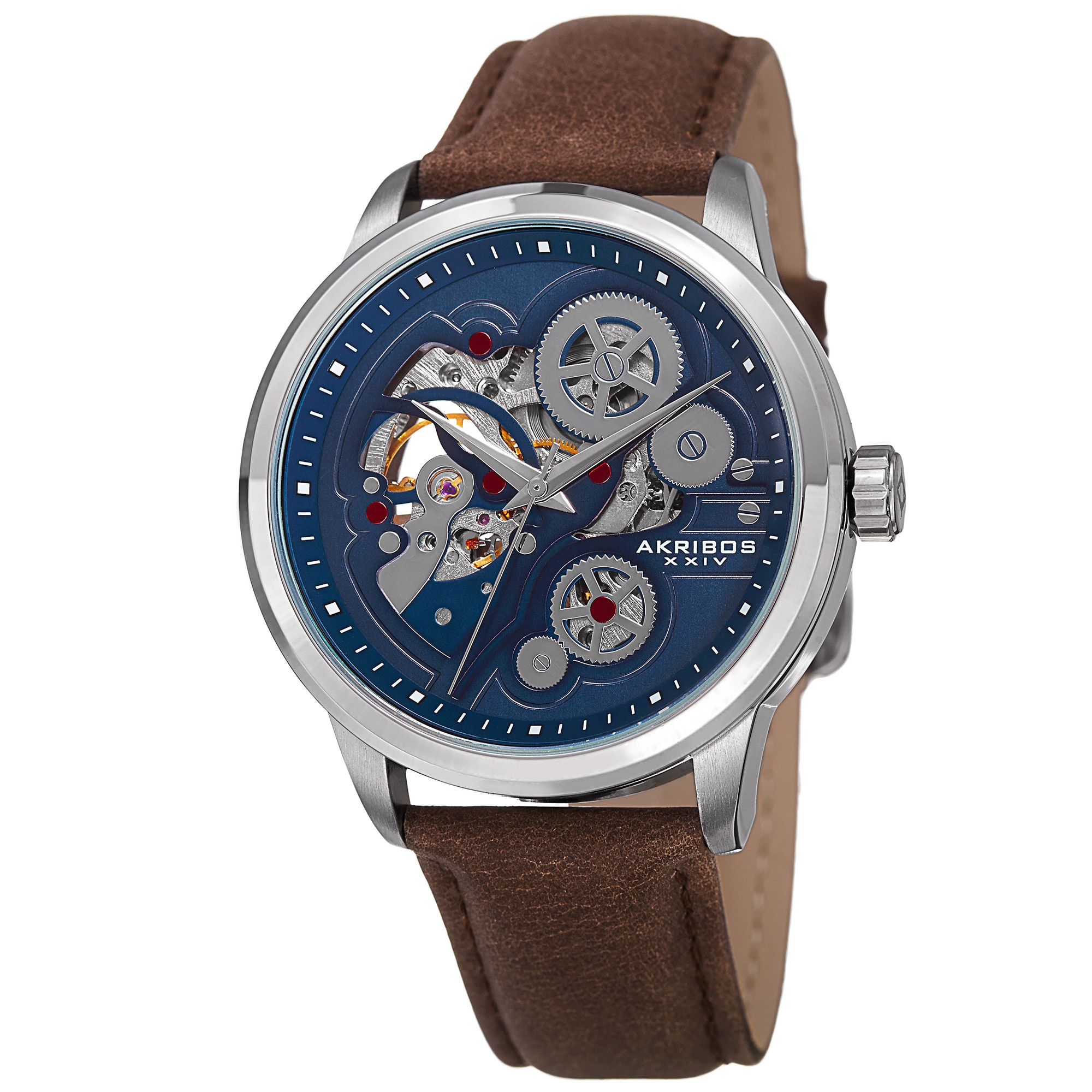 Akribos XXIV Men's Skeleton Automatic Movement Leather Silver-Tone