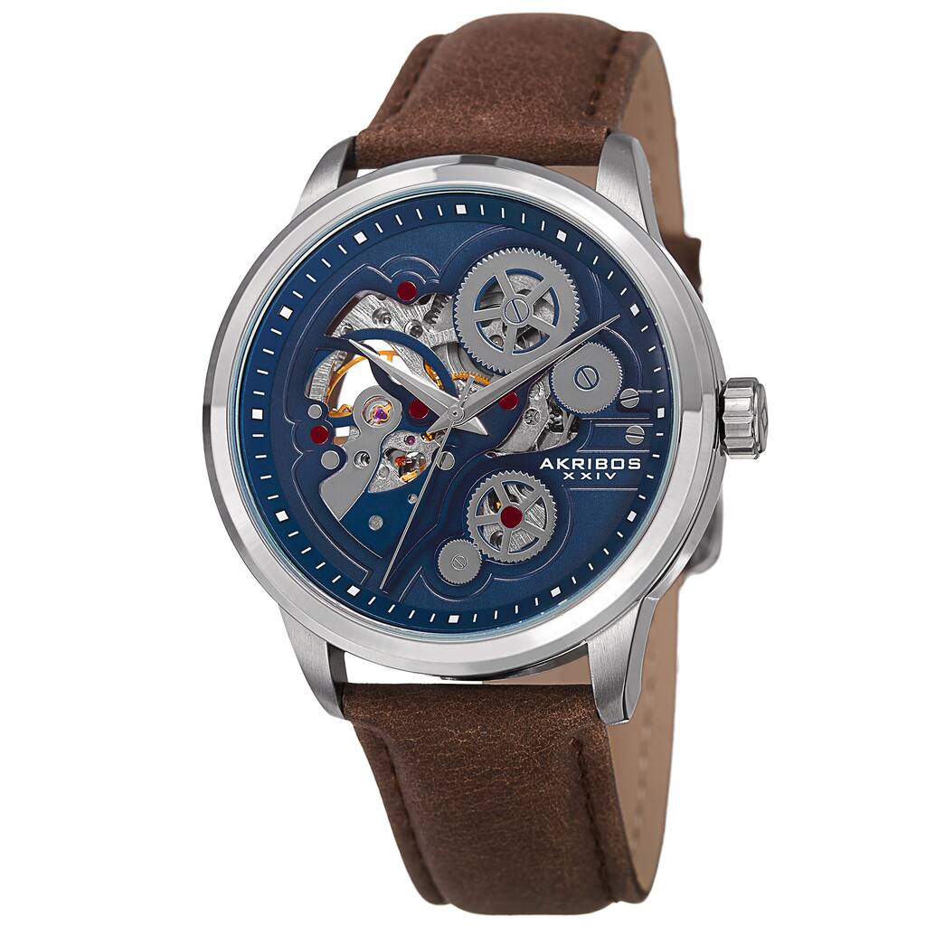 Akribos XXIV Men's Skeleton Automatic Movement Leather Silver-Tone Strap Watch - brown