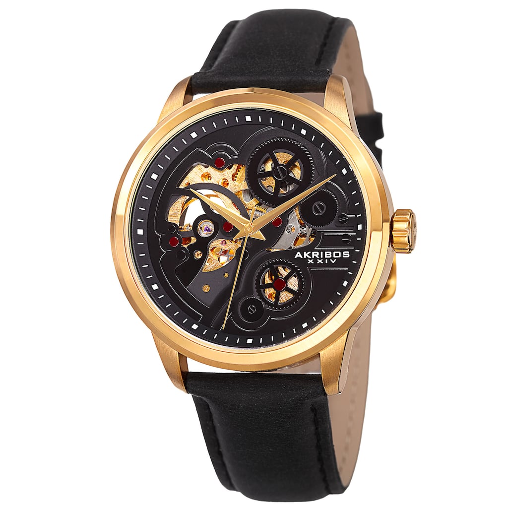 Akribos XXIV Men's Skeleton Automatic Movement Leather Gold-Tone Strap Watch - GOLD